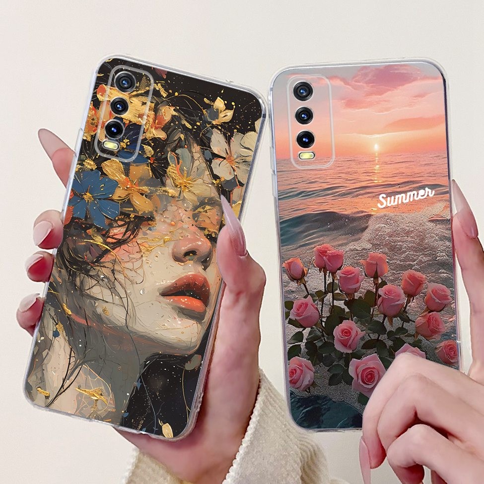 Trong Suốt Cho Vivo Y11s V2028 Y12s V2026 V2032 V2042 Ốp lưng Vivo Y12s Bao Da Mèo Dễ Thương Thời Trang Hoa Sơn Mặt Sau