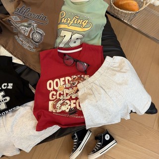 Bộ áo vest không tay cotton mùa hè cho trẻ em, quần short in chữ hoạt hình cho trẻ lớn, bộ hai mảnh