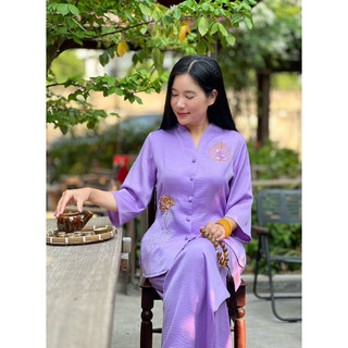 Set đồ lụa bà lai thêu bồ đề, thời trang nữ lụa đi chùa
