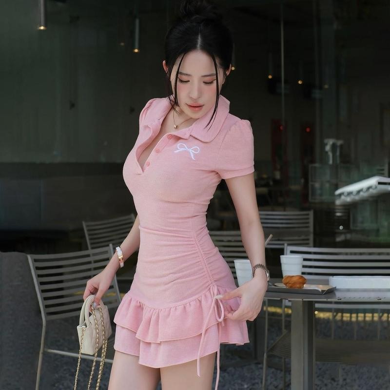 Đầm Nữ Kiểu Cổ Bẻ Dáng Xòe Phối Dây Rút PINKSTORE29 In Nơ Dễ Thương D134