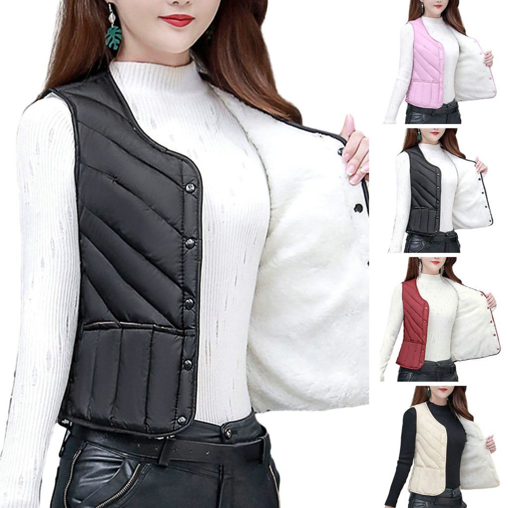 Xia| Áo khoác nữ màu trơn Áo khoác nữ thời trang Áo Vest mùa đông Áo khoác không tay ấm áp cho áo len Cardigan ngực đơn ngực thoải mái chống gió Slim Fit màu trơn cho lạnh
