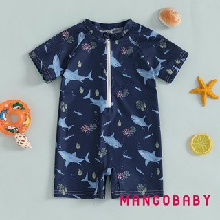 Mg-toddler Bé Trai Bé Gái Đồ Bơi In Hình Cá Mập Tay Ngắn Mock Cổ Zip Up Rash Guard Bộ Đồ Tắm