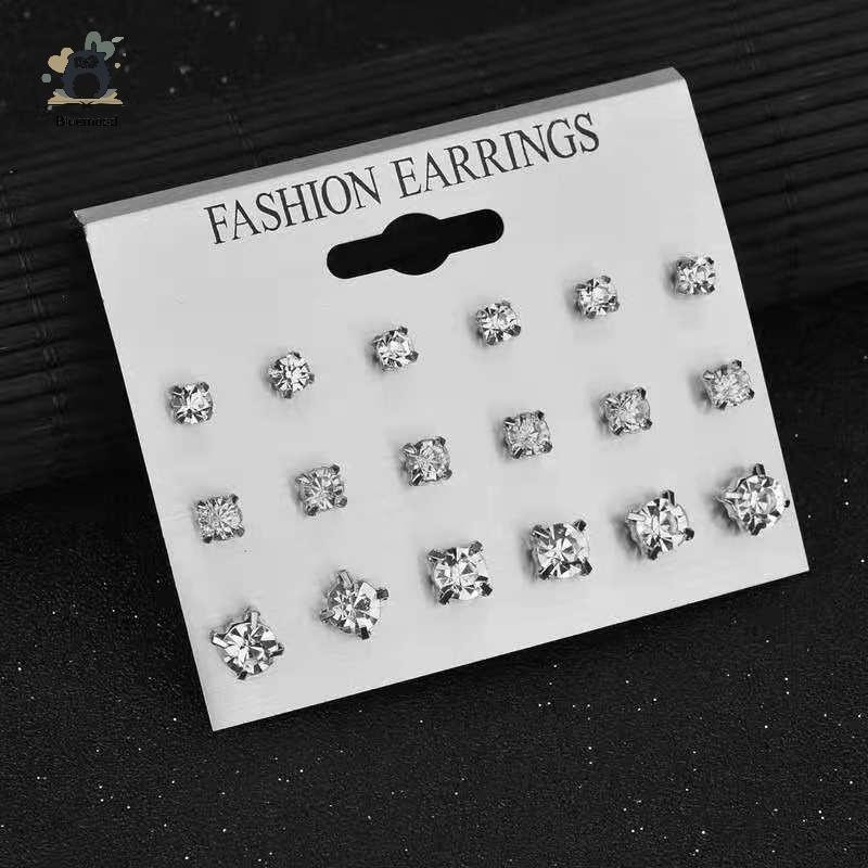 [Bluemood] Thời Trang Đơn Giản 9 Đôi / bộ Bộ Bông Tai Phối Bông Tai Hình Học Vuông Cho Nữ Bông Tai Pha Lê Kim Cương Giả Mới Trang Sức Mới