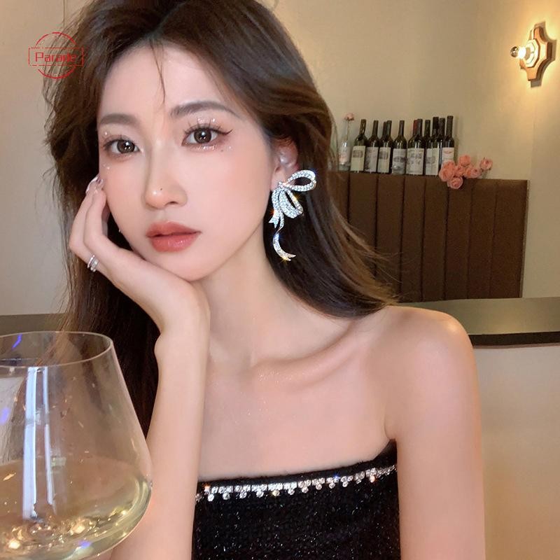 Diễu Hành 1 Full Kim Cương Giả Nơ Mặt Dây Chuyền Bông Tai Nữ Phóng Đại Thanh Lịch Nơ Dài sel Bông Tai Trang Sức VN