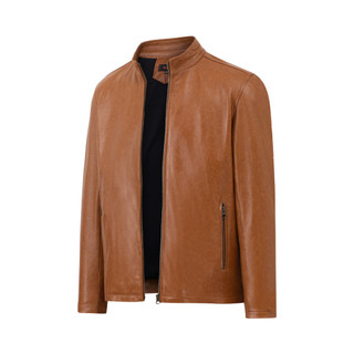 Áo da cừu nam FTT LEATHER Racer jacket trơn tay khoá dáng suông màu Vàng Nâu AD213C03