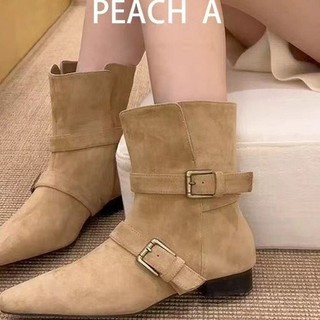 Bốt ngắn gót thấp mũi vuông khóa Thắt lưng nữ