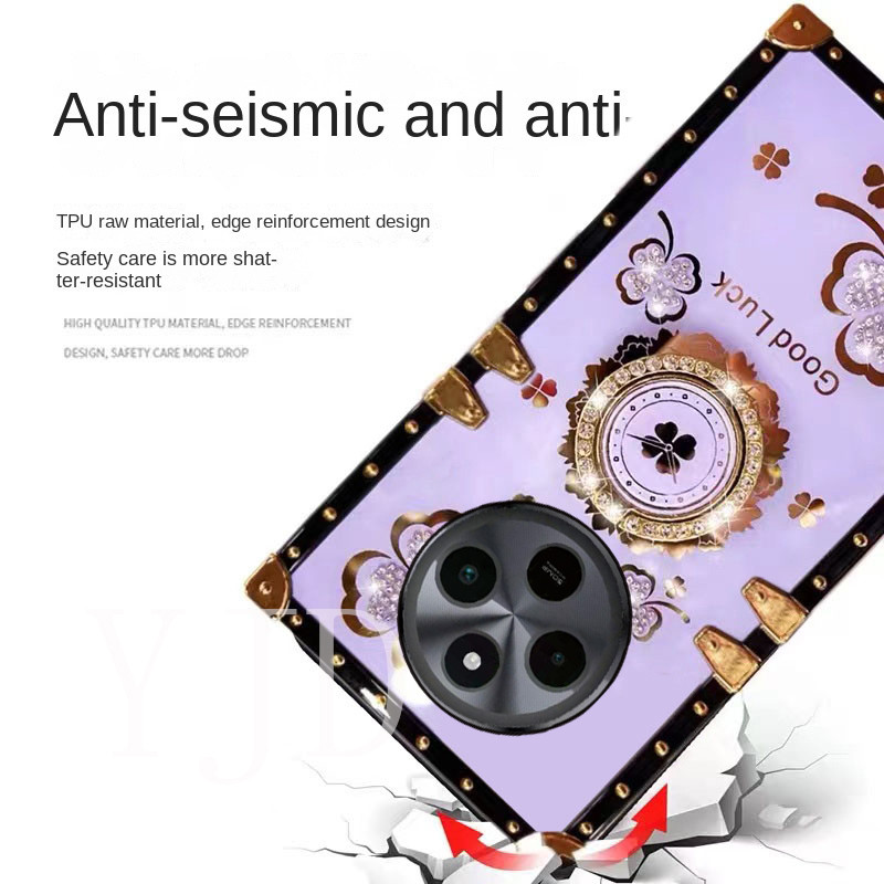 Ốp Lưng Cho Redmi 14C Kim Cương Chân Đế Cỏ Ba Lá Vuông Chống Rơi Vỏ Điện Thoại