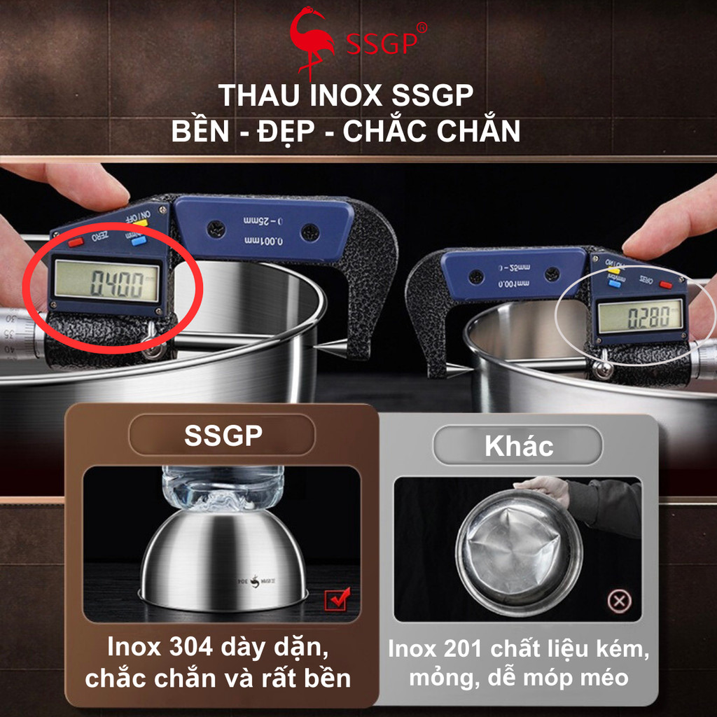 Thau trộn thực phẩm inox 304 đa năng SSGP SS20419 chậu rổ, thau, nhiều size chén bát, tô salad