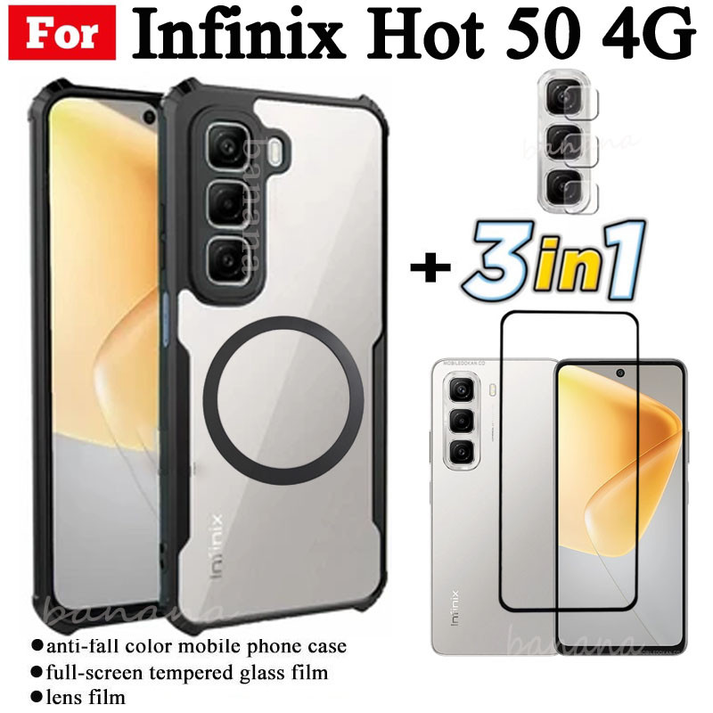 Ốp điện thoại chống sốc 3 trong 1 Infinix Hot 50 4G có nhãn dán sạc không dây từ tính cho Infinix Hot 50 5G 50i Bảo vệ toàn diện Kính cường lực bảo vệ màn hình và phim ống kính