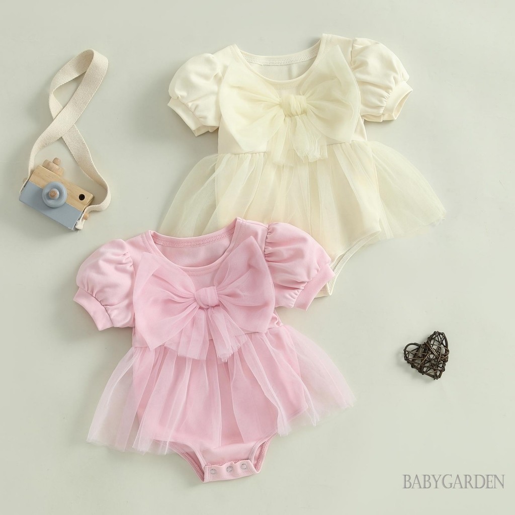/ / -Bộ Áo liền quần ngắn tay vải tuyn viền nơ trang trí cho bé gái
