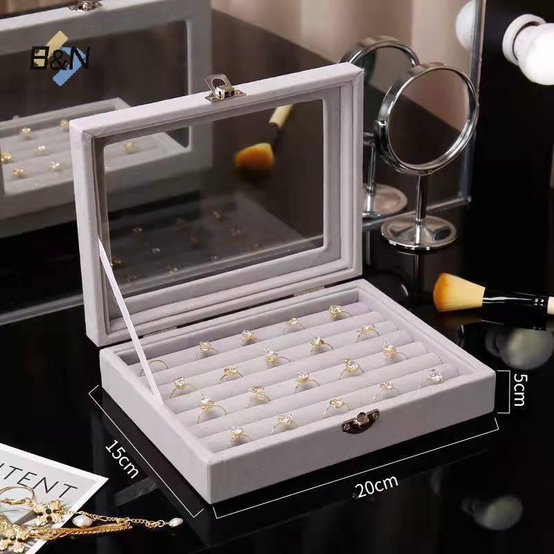 Hộp đựng nhẫn nhung B&N, trưng bày trang sức, nắp lật trong suốt chống bụi