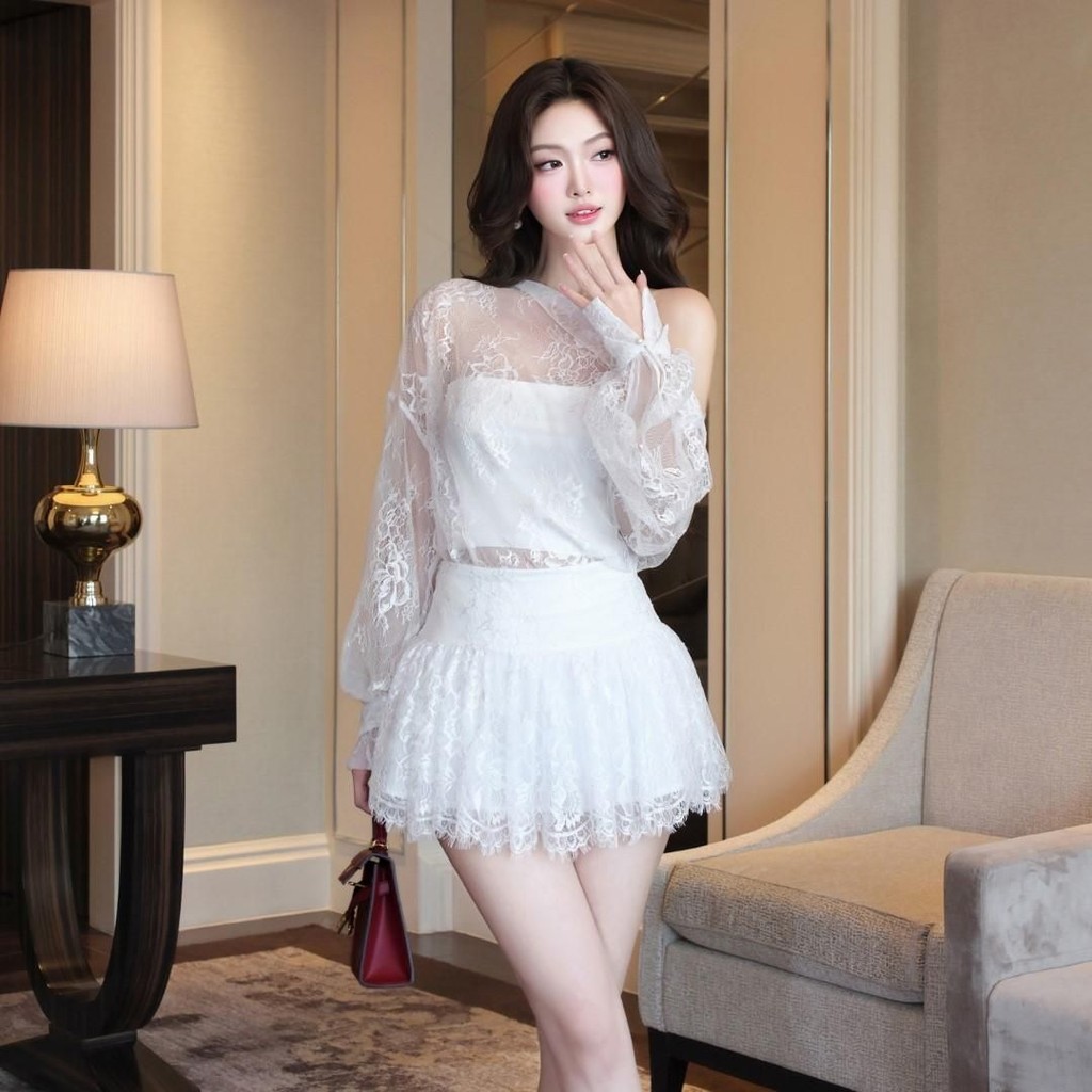 Set Khiết ren lệch vai váy dáng xoè trẻ trung thanh lịch KS108A