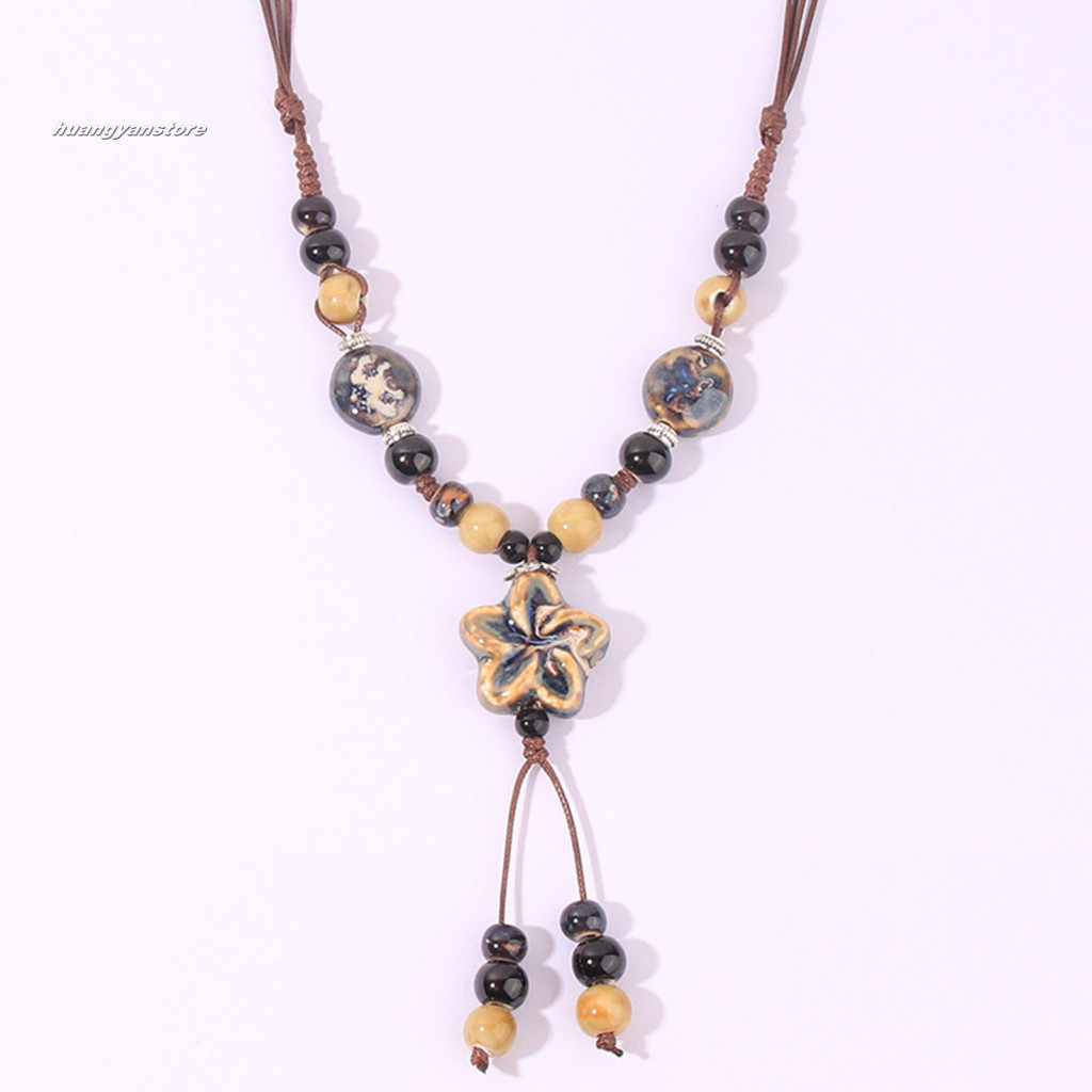 HY Gợi Cảm Vòng Cổ Mặt Dây Chuyền Gốm Vòng Cổ Handmade Bohemian Gốm Hạt Hoa Vòng Cổ Trang Sức Retro Quà Tặng Cho Nữ Dài Y Vòng Cổ Phong Cách Vintage Người Mua Đông Nam Á