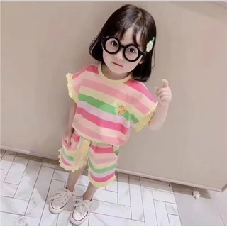 (6m-12Yrs) Bộ đồ thường ngày cho bé gái Áo ngắn tay + Quần Bộ hai mảnh sọc cầu vồng thêu Waveselvedge Quần áo trẻ em