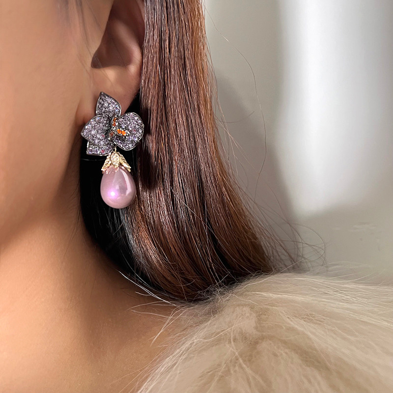 Bông tai ngọc trai Zircon hoa đen thanh lịch sang trọng thời trang