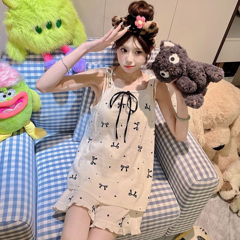 Mùa Hè Phong Cách Mới Mây Cotton Hoạt Hình Ngọt Ngào Bộ Đồ Ngủ Nữ Có Miếng Lót Ngực Cố Định Phong Cách Mỏng Rời Thường Ngày Homewear Phù Hợp Với