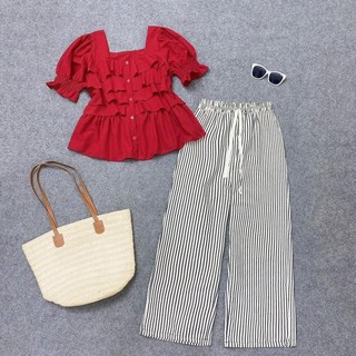 Set đồ bigsize áo kiểu ngắn tay bèo che khuyết điểm phối quần ống suông xinh xắn đi biển, đi chơi - SET( SM36 + Q534)