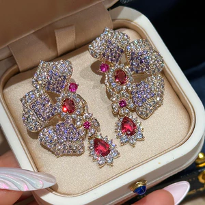 Đẹp Phong Cách Mới Thời Trang Ánh Sáng Sang Trọng Bông Tai Hoa Zircon Tím