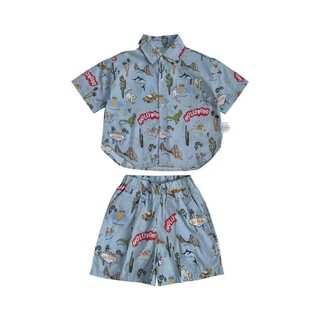 Bộ áo sơ mi mùa hè mới cho bé trai, in hoạt hình, áo ngắn tay retro và quần short, bộ hai mảnh