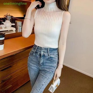 Onetimingfine Mùa Hè Hàn Quốc Nửa Cổ Rùa Rỗng Dệt Kim Áo Vest Nữ Màu Trơn Không Tay Slim Top VN