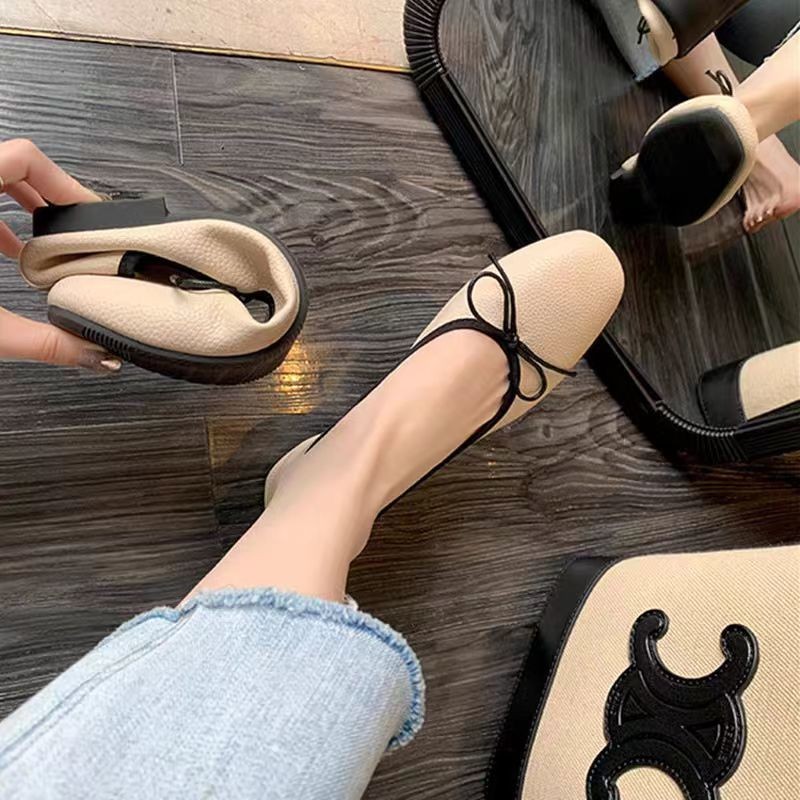 Bowknot Mùa Hè Pháp Slip-On Nữ Ngón Chân Vuông Đế Mềm Giày Ba Lê Đế Bằng Nữ Mặc Ngoài 24.12.11