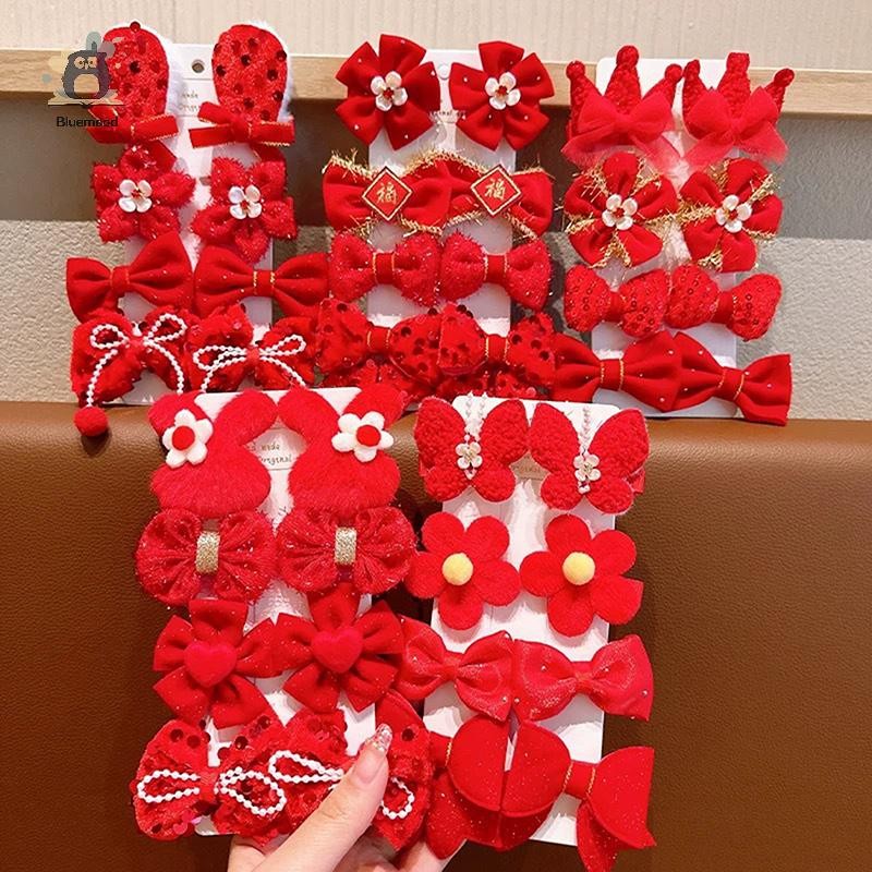 [Bluemood] 8 Cái / bộ Kẹp Tóc Nơ Đỏ Cho Bé Gái Handmade Ruy Băng Nơ Kẹp Tóc Barrettes Năm Mới Giáng Sinh Phụ Kiện Tóc Mới