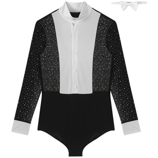 Yhong Nam Latin Rumba Ballroom Dance Leotard Tay Dài Sáng Bóng Kim Cương Giả Khối Màu Body Với Bowtie