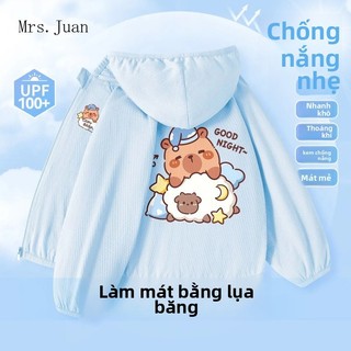 Áo khoác chống nắng bé gái hình Capybara – Vải lạnh mỏng nhẹ, khô nhanh, có mũ che nắng, UPF100+