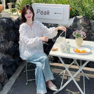 Thời trang Hàn Quốc Nữ dài tay cổ tròn dáng rộng cổ tròn dáng rộng áo sơ mi áo sơ mi