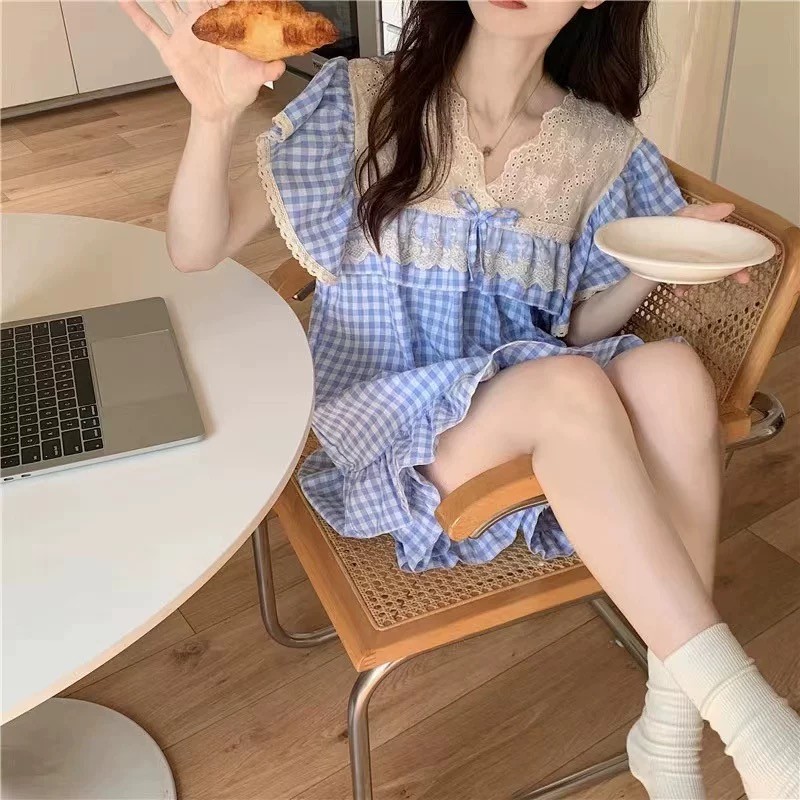 Đồ Bộ Ngủ Nữ Mùa Hè Tay Ngắn Caro Bigsize Mặc Nhà Form Rộng Mát Mẻ Dáng Tiểu Thư – PONA