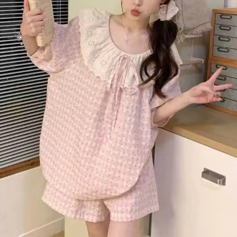 Bộ Đồ Ngủ Nữ Mùa Hè Ngắn Tay Quần Short Phong Cách Hàn Quốc Ngọt Ren Kẻ Sọc Nhà Quần Áo Phù Hợp Với Xuyên Biên Giới Ngoại Thương Nổ Trực Tiếp