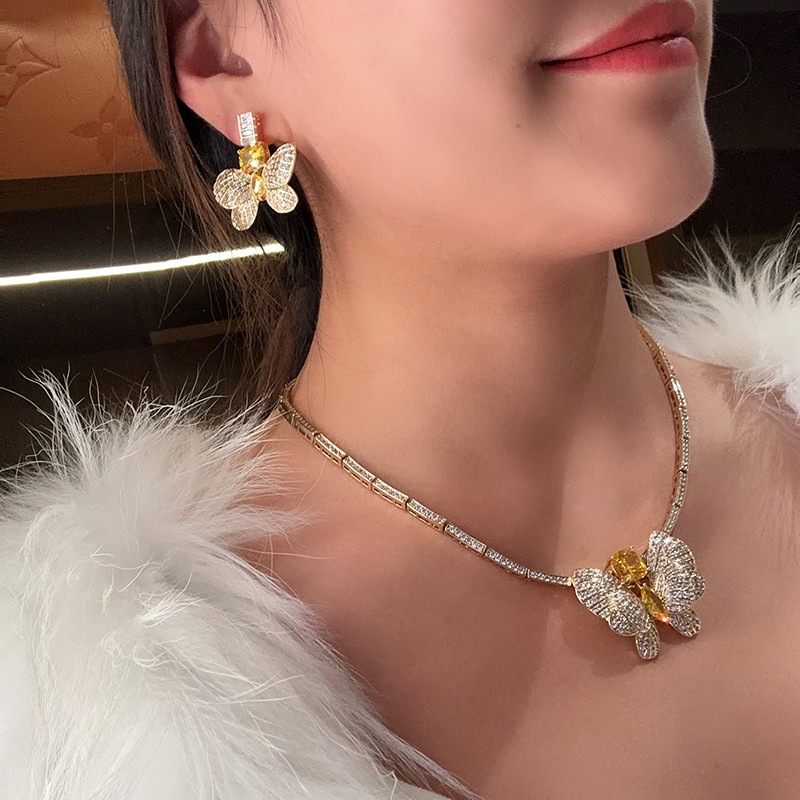 Bông tai vòng cổ sang trọng nhẹ nhàng Bộ hai mảnh Bướm Zircon