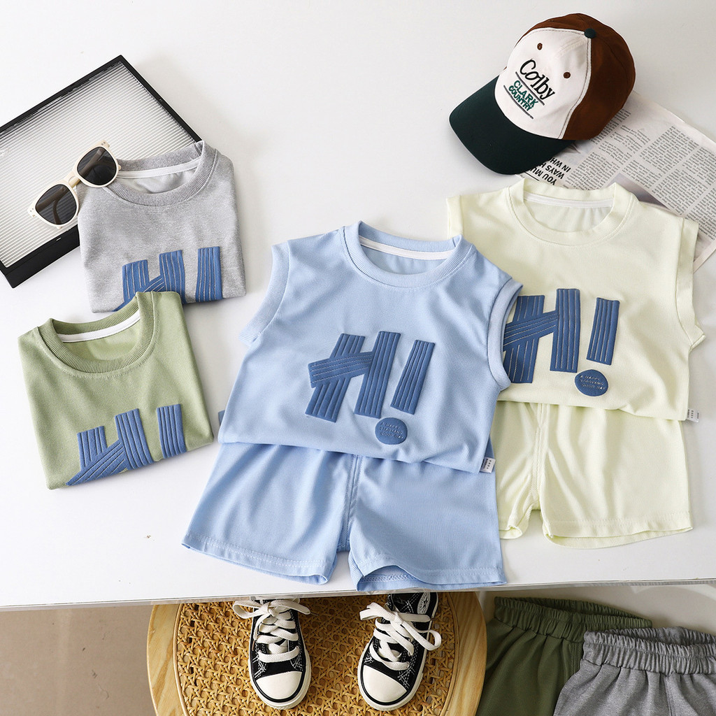 Bộ Áo Vest Trẻ Em Mùa Hè Phong Cách Mới Waffle Quần Short Bé Trai Không Tay Mùa Hè Quần Áo X8W0