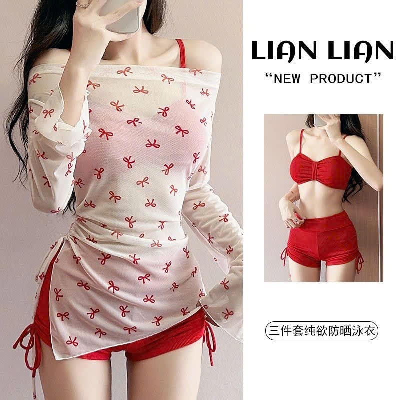 Set bộ đồ bơi bikini 3 chi tiết thiết kế họa tiết nơ trễ vai hottrend phong cách sexy gợi cảm XIMIMI BKN61