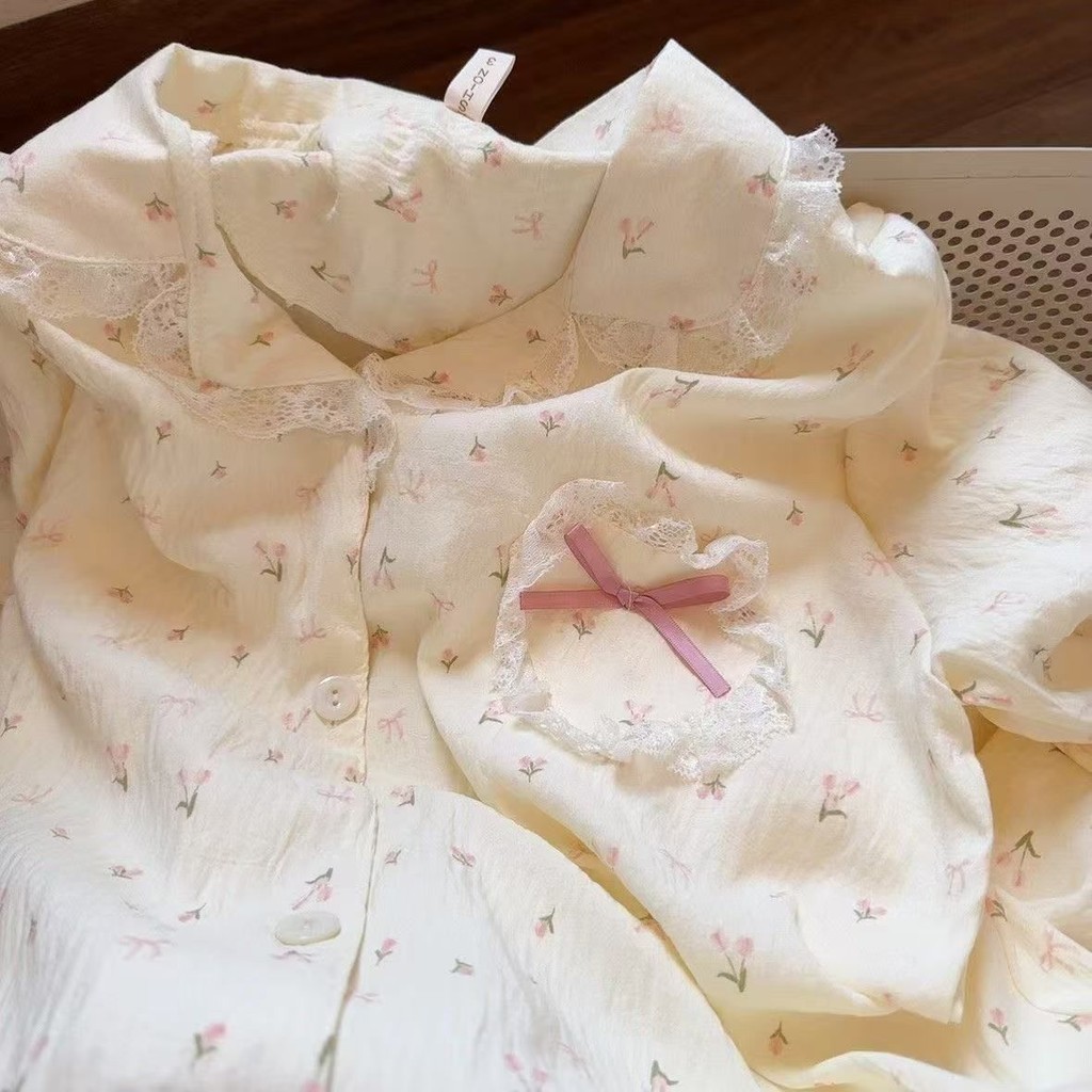 Nhật Bản Hoa Bộ Đồ Ngủ Nữ Xuân Thu Mây Mới Cotton Dễ Thương Ren Cardigan Dài Tay Quần Nhà Quần Áo Phù Hợp Với