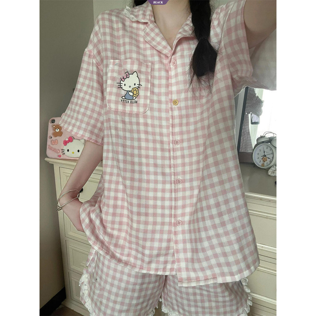 Bộ Đồ Ngủ Mèo Kitty Kẻ Sọc Nữ Mùa Hè Mới Ren Quần Short Tay Ngắn Ins Phong Cách Học Sinh Nhật Bản Quần Áo Gia Đình [BL]