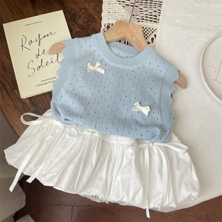 Váy ngắn mùa hè mới cho bé gái, váy nơ buộc, màu sắc đồng nhất, váy phồng ngọt ngào cho trẻ em