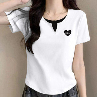 [MIZIQI] Áo thun ngắn tay hai mảnh Cotton nguyên chất cỡ lớn dành cho nữ, Áo thun ngắn tay in hình trái tim nguyên bản