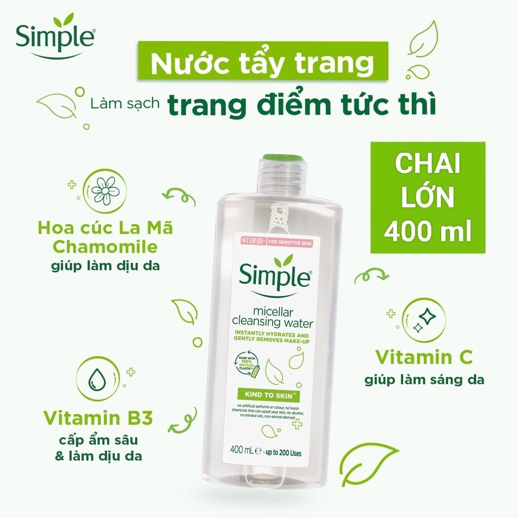 Nước Tẩy Trang Simple Tẩy trang Simple Micellar Cleansing Water lành tính an toàn cho da nhạy cảm  400ml - Glowin Beaty | BigBuy360 - bigbuy360.vn