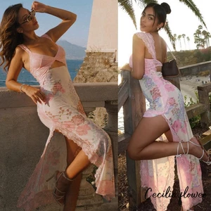 Đầm Bodycon Ren Hoa Nữ Cổ Chữ V Không Tay Cutout Cắt Lưng Đầm Dài Cho Tiệc Mùa Hè