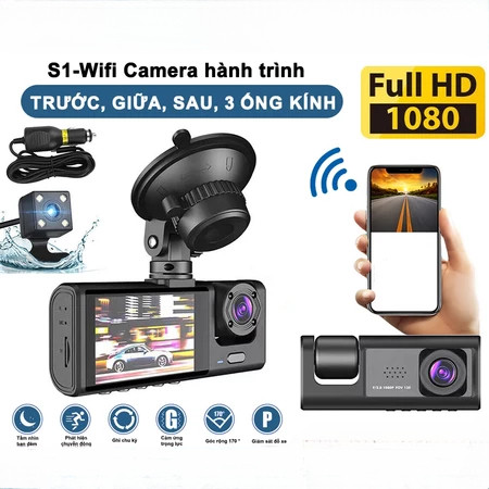 New Camera hành trình ô tô Taxi hỗ trợ kết nối 3 mắt ghi hình tốc độ cao Wifi full HD 1080p hồng ngoại siêu nét