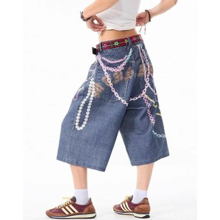 GKSSS Quần short denim nam kiểu Mỹ cổ điển dáng rộng phong cách hip-hop giản dị in dây chuyền màu phong cách trung tính