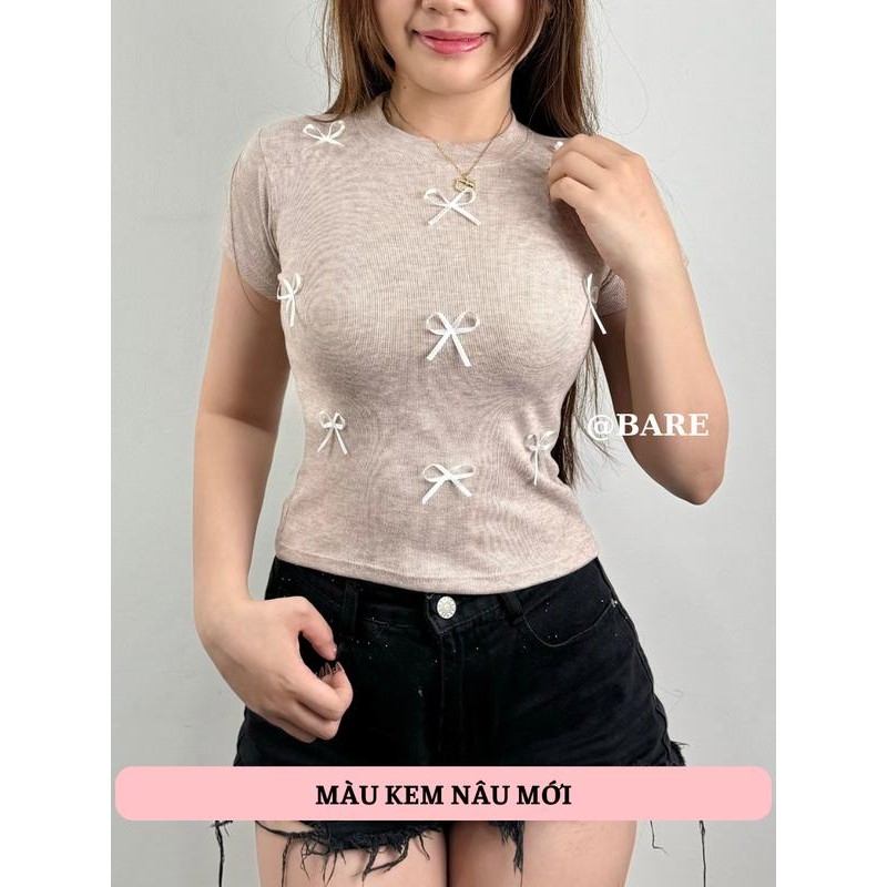 (Có size) Áo thun ôm body nữ tay ngắn gắn nhiều nơ nhỏ xinh xắn chất thun thái mềm co dãn tôn dáng-A31