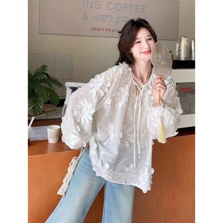 Thời trang Hàn Quốc Nữ dài tay cổ tròn dáng rộng cổ tròn dáng rộng áo sơ mi áo sơ mi