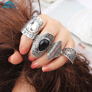 OPENMALL 4 Cái / bộ Vintage Bạc Gypsy Boho Dân Tộc Nhẫn Rỗng Khắc Đá Quý Kim Cương Midi Knuckle Nhẫn Nữ Trang Sức O9S1