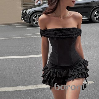 Bộ váy 2 mảnh dành cho nữ Váy ngắn tay lệch vai Bộ váy ren xếp tầng