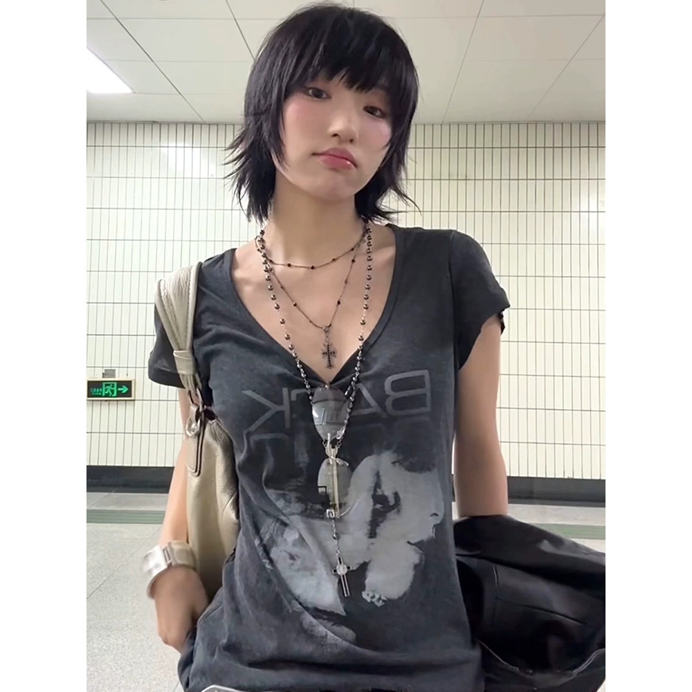 Áo thun ngắn tay in hình chân dung cổ điển cô gái cay Mỹ y2k dành cho nữ