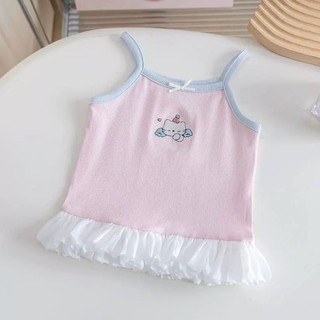 Áo thun camisole mùa hè ngọt ngào cho bé gái, áo vest ren không tay thêu hoạt hình cho trẻ em