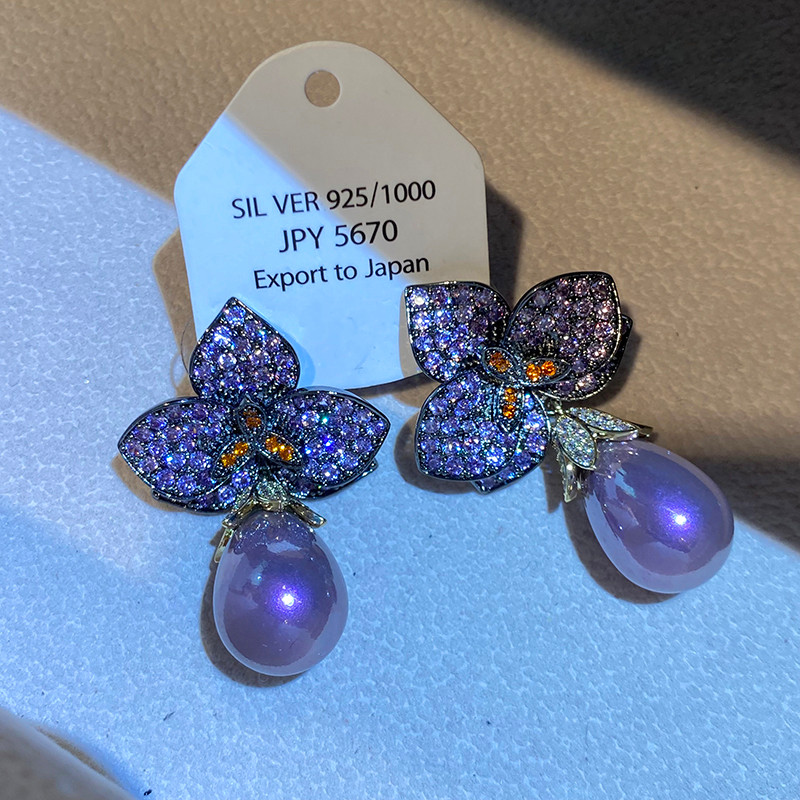 Bông tai ngọc trai Zircon hoa đen thanh lịch sang trọng thời trang