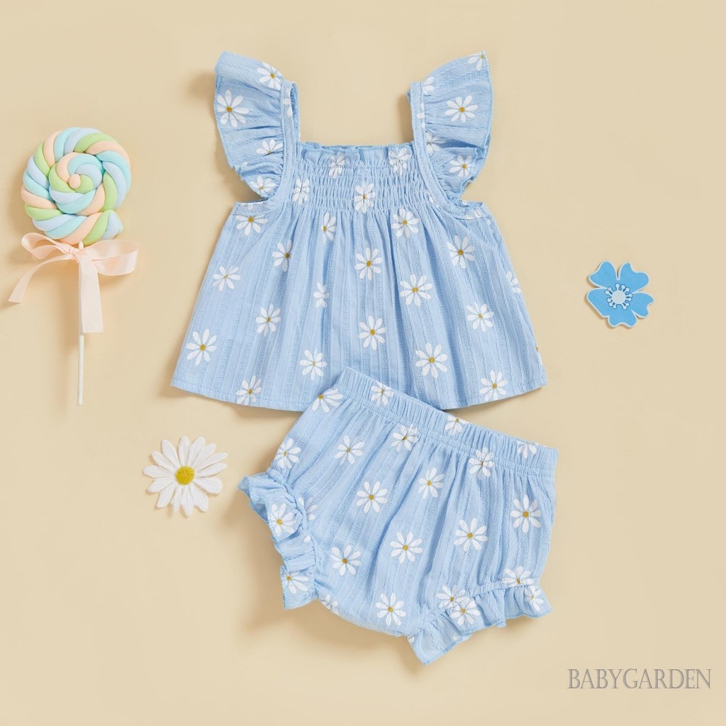 / / -Baby Girl Daisy 2 Cái Bộ Smocked Bay Tay Áo Babydoll Co Giãn Eo Quần Short Ruffle Quần Short Quần Áo Mùa Hè Dễ Thương